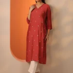 Rust Embroidered Silk Blend Straight Kurta
