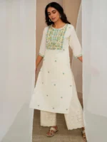Off White Embroidered Cotton Straight Kurta - Image 5